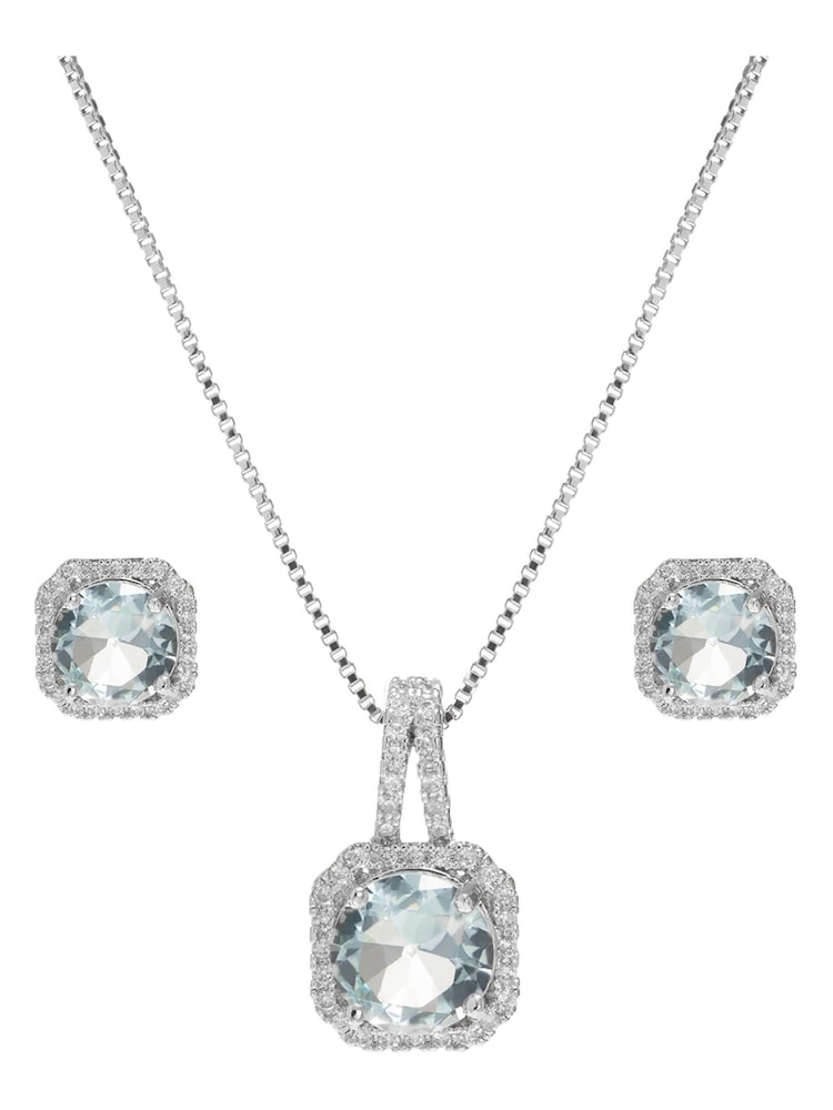 Jon Richard Silver Plated Rhodium Aqua Cubic Zirconia Crystal Square Drop Gift Boxed Set - Image 1 of 3