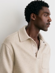 Reiss Oatmeal Melange Gray Herringbone Press-Stud Polo Sweatshirt - Image 1 of 8