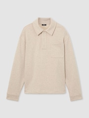 Reiss Oatmeal Melange Gray Herringbone Press-Stud Polo Sweatshirt - Image 2 of 8