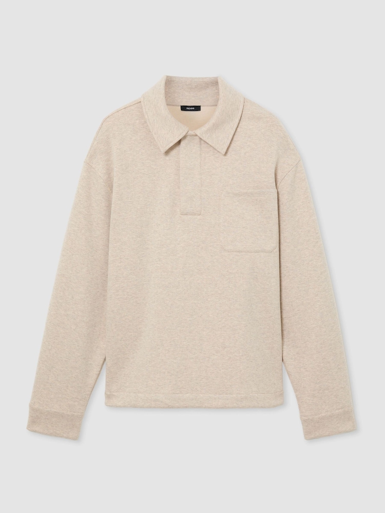 Reiss Oatmeal Melange Gray Herringbone Press-Stud Polo Sweatshirt - Image 2 of 8 Reiss Oatmeal Melange Gray Herringbone Press-Stud Polo Sweatshirt - Image 2 of 8