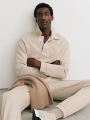Reiss Oatmeal Melange Gray Herringbone Press-Stud Polo Sweatshirt - Image 4 of 8