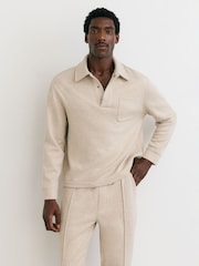 Reiss Oatmeal Melange Gray Herringbone Press-Stud Polo Sweatshirt - Image 5 of 8