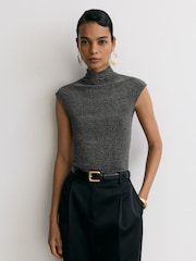 Reiss Gunmetal Silver Seranne Metallic Funnel-Neck Top - Image 1 of 6