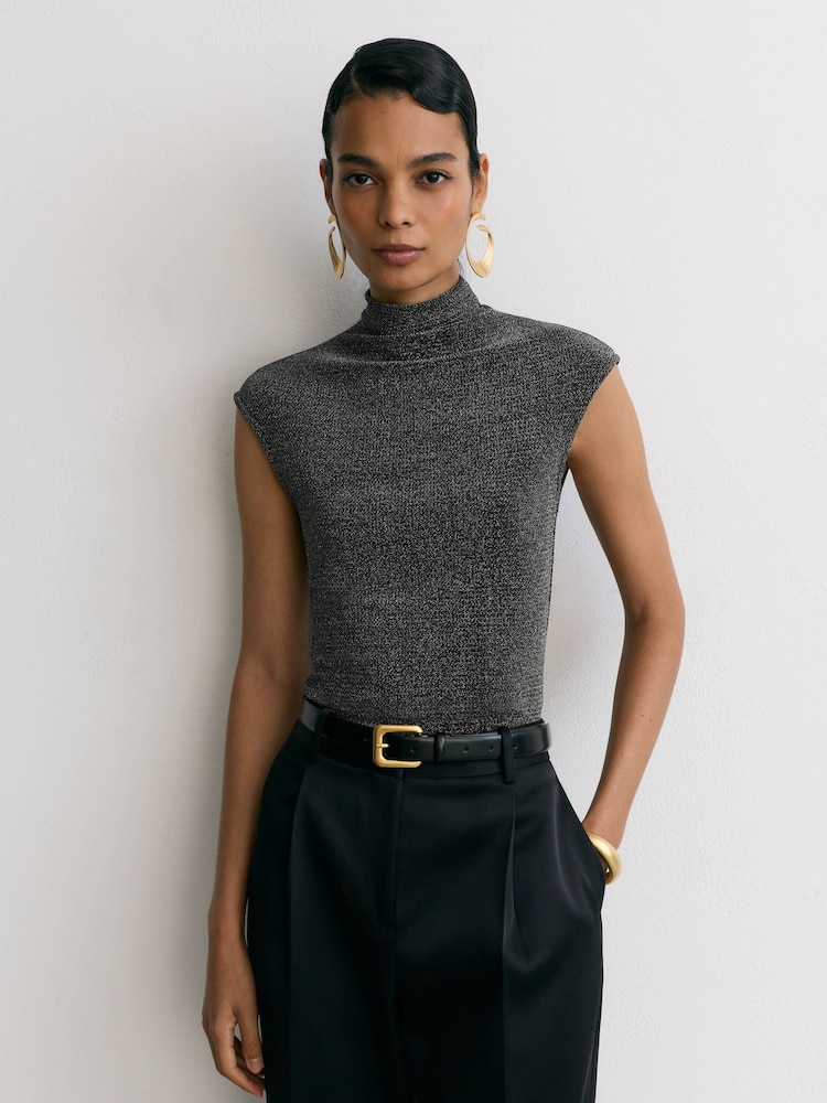 Reiss Gunmetal Silver Seranne Metallic Funnel-Neck Top - Image 1 of 6 Reiss Gunmetal Silver Seranne Metallic Funnel-Neck Top - Image 1 of 6