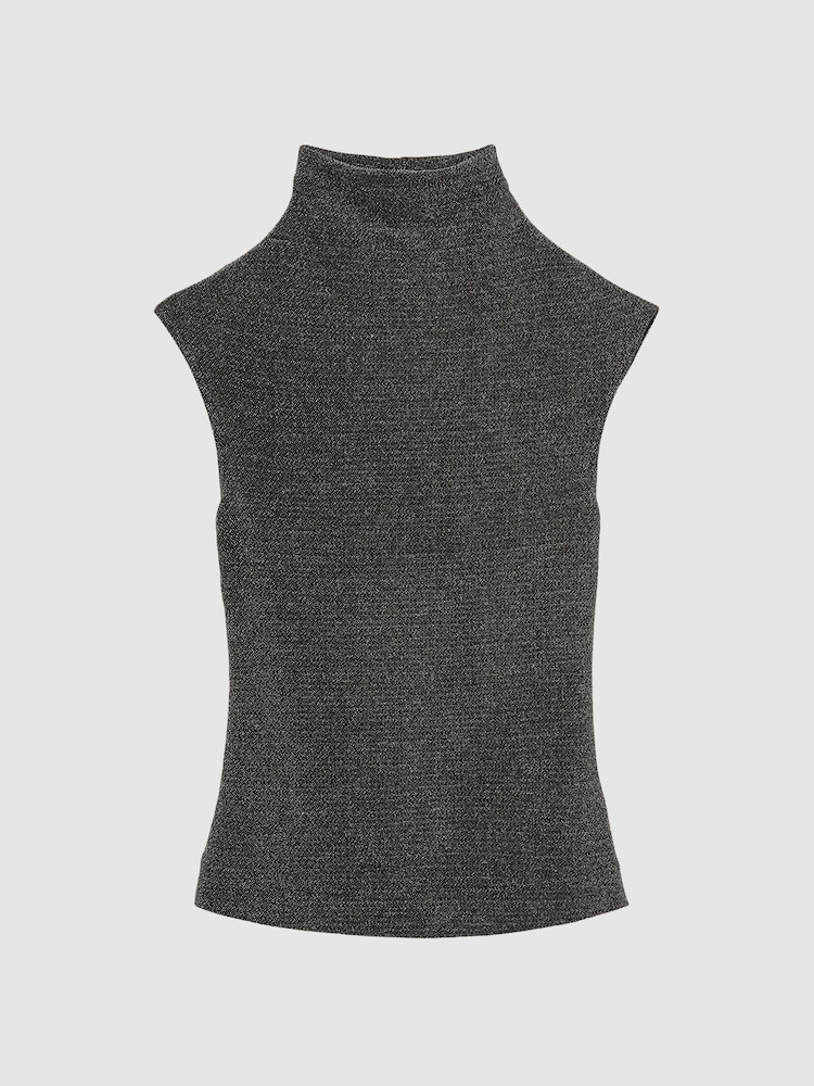 Reiss Gunmetal Silver Seranne Metallic Funnel-Neck Top - Image 2 of 6 Reiss Gunmetal Silver Seranne Metallic Funnel-Neck Top - Image 2 of 6
