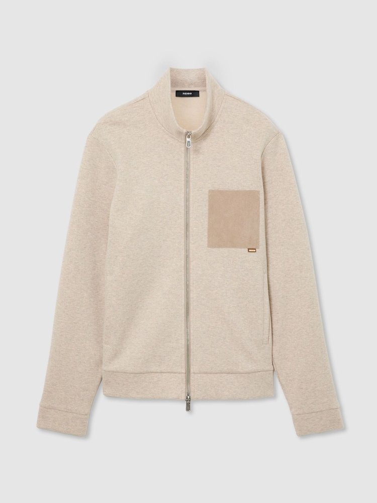 Reiss Oatmeal Melange Gray Herringbone Patch-Pocket Zip-Through Jacket - Image 2 of 8 Reiss Oatmeal Melange Gray Herringbone Patch-Pocket Zip-Through Jacket - Image 2 of 8