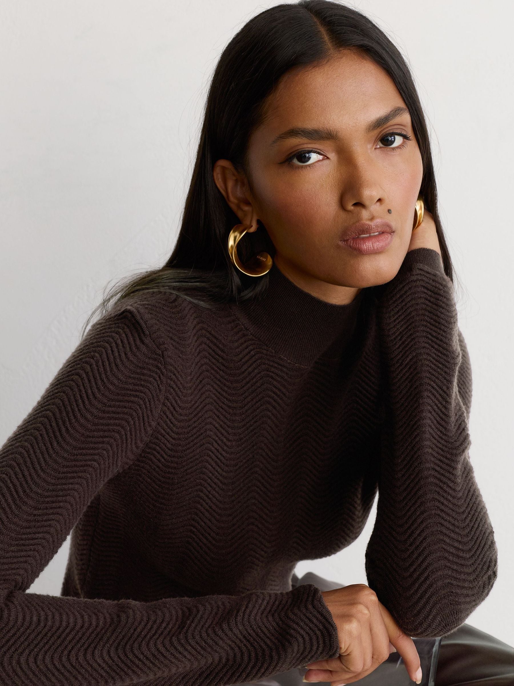 Reiss Chocolate Brown Saskia Wool-blend Textured-knit Top