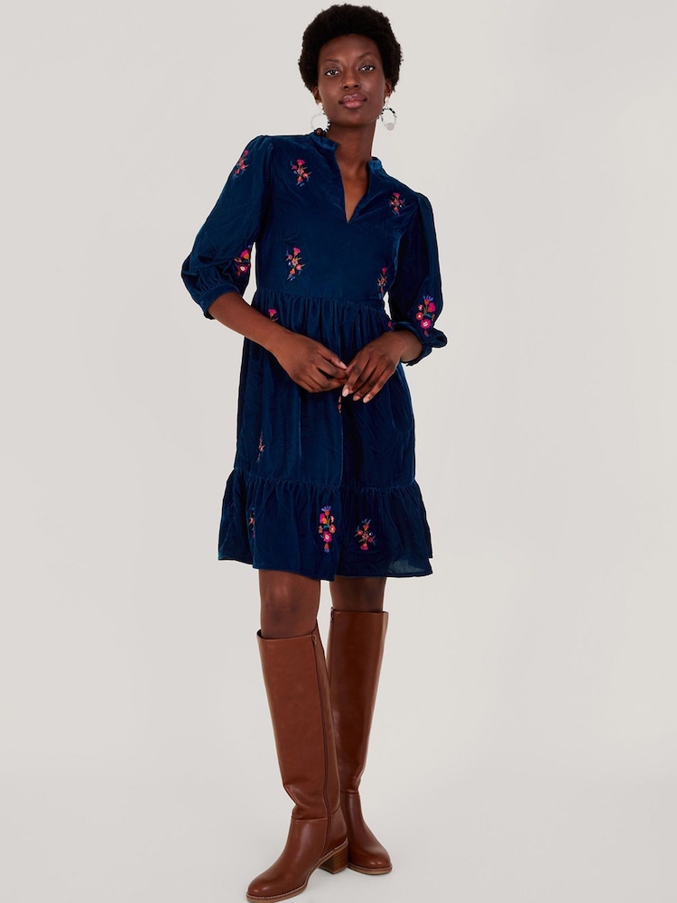 Monsoon Blue Faith Embroidered Velvet Dress - Image 1 of 4