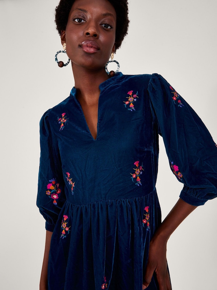 Monsoon Blue Faith Embroidered Velvet Dress - Image 2 of 4