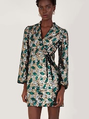 Monsoon Gold Sasha Sequin Wrap Dress - Image 1 of 5