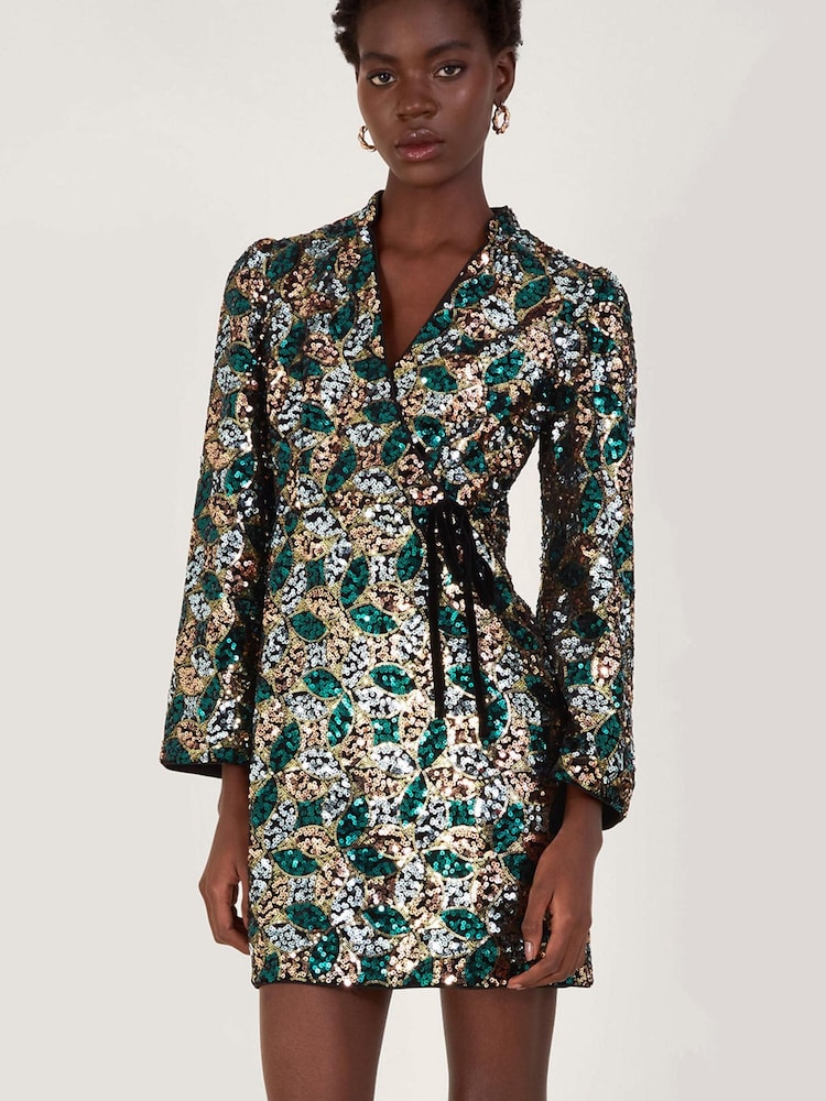 Monsoon Gold Sasha Sequin Wrap Dress - Image 1 of 5