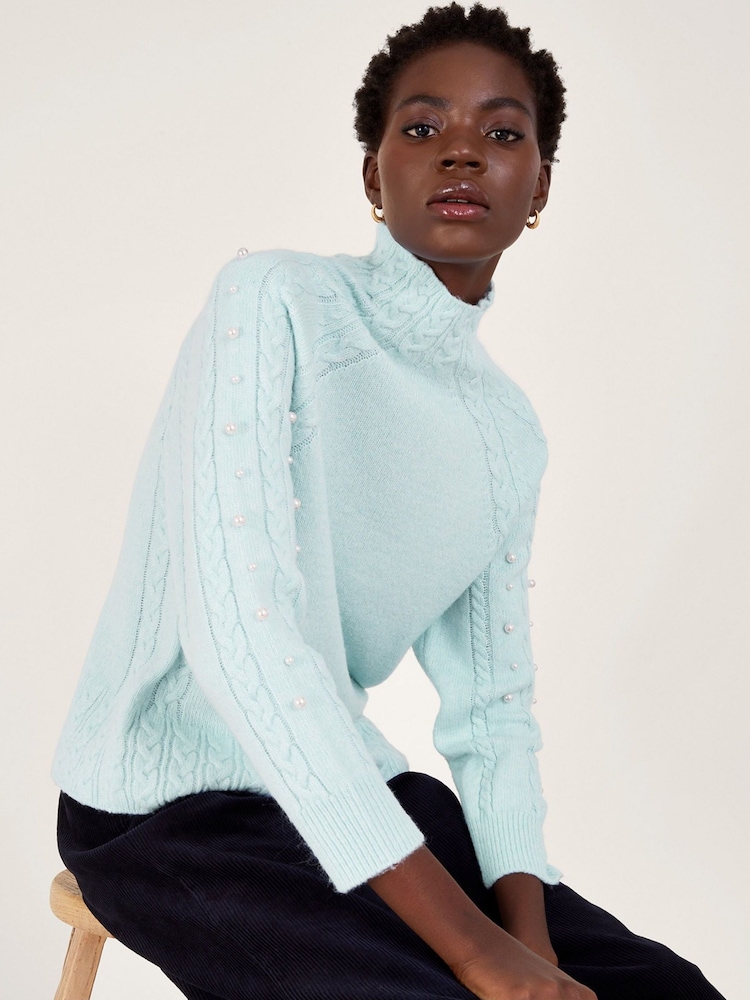 Monsoon Blue Pearl Cable Knit Jumper - Image 1 of 5 Monsoon Blue Pearl Cable Knit Jumper - Image 1 of 5