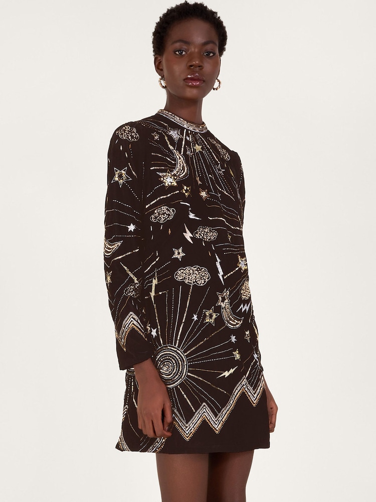 Monsoon Tina Embroidered Velvet Black Tunic Dress - Image 1 of 5
