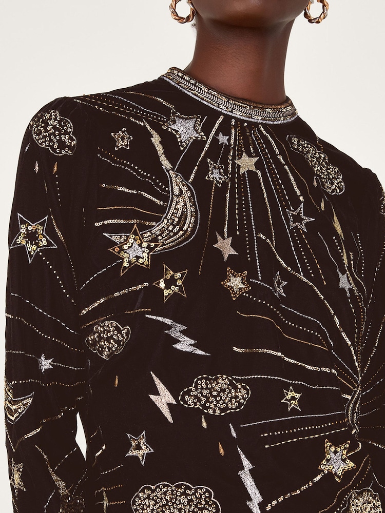 Monsoon Tina Embroidered Velvet Black Tunic Dress - Image 5 of 5