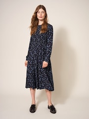 White Stuff Aneth EcoVero Shirred Black Dress - Image 1 of 7