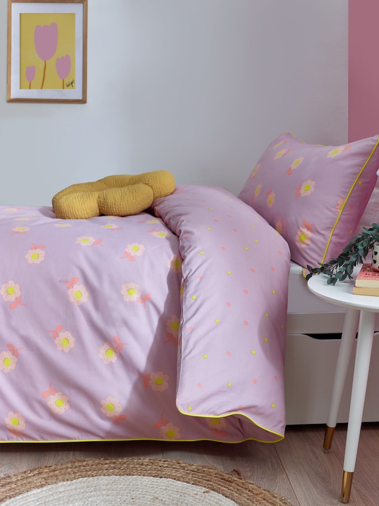 Lilac Floral Printed Polycotton Duvet Cover and Pillowcase Bedding - Image 3 of 11