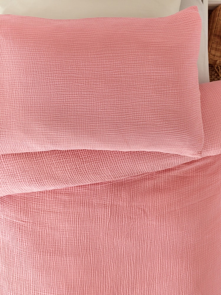 Pink Crinkle Muslin 100% Cotton Duvet Cover and Pillowcase Set - Image 2 of 8