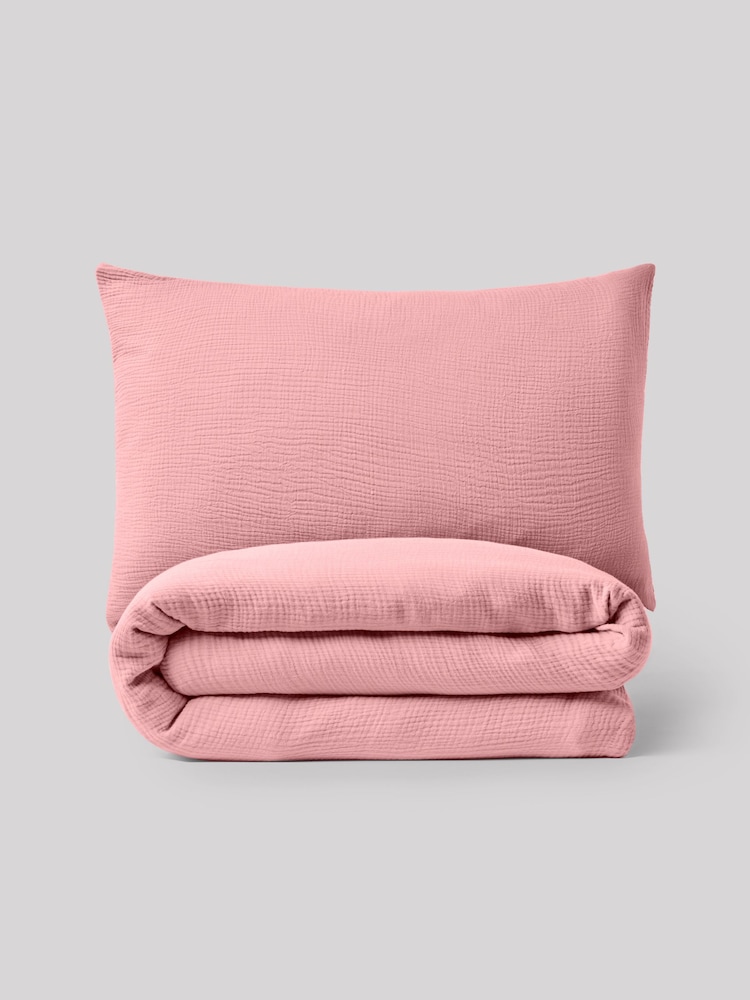 Pink Crinkle Muslin 100% Cotton Duvet Cover and Pillowcase Set - Image 6 of 8