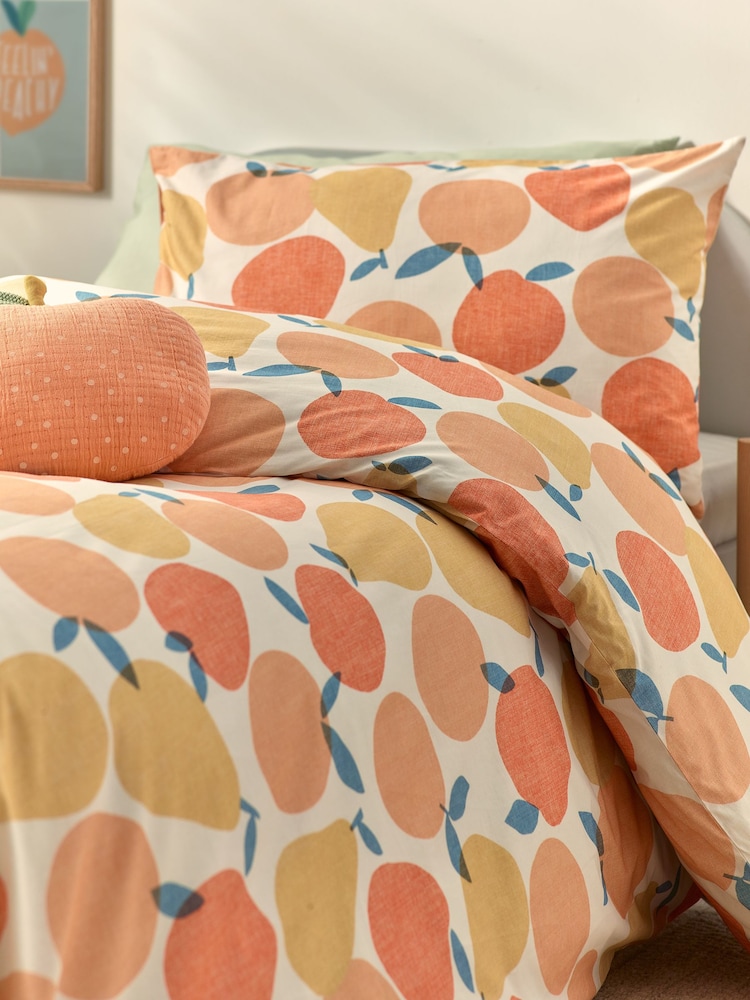 Cream Orange Peaches 100% Cotton Printed Bedding Duvet Cover and Pillowcase Set - Image 4 of 7