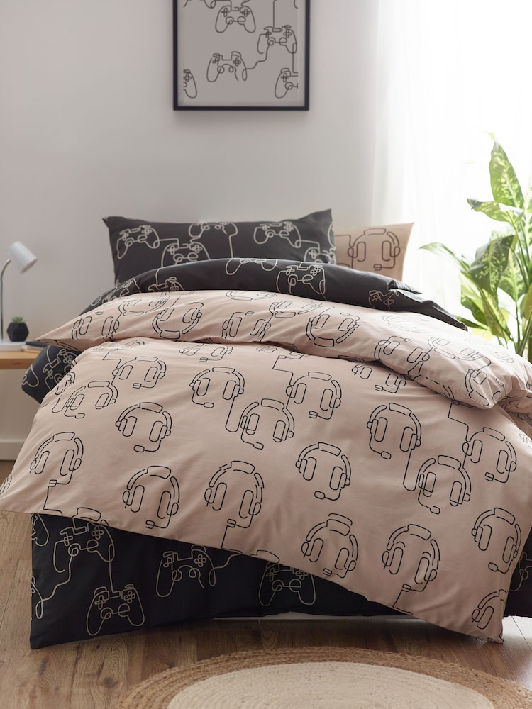 2 Pack Mono Beige Gamer Duvet Cover and Pillowcases Set - Image 1 of 13