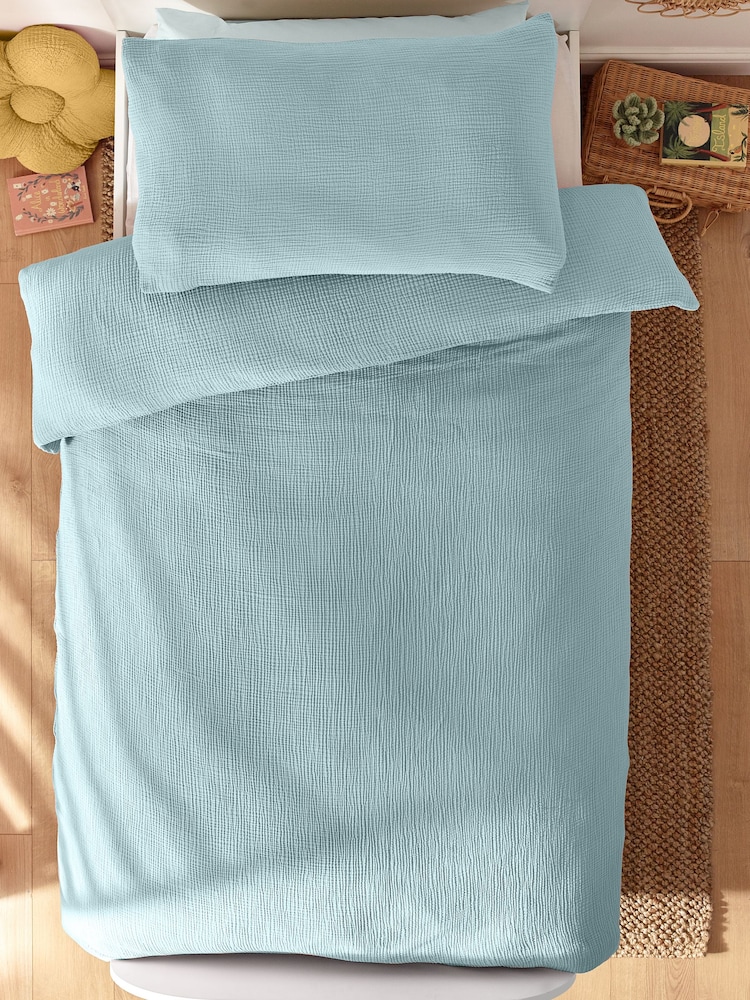 Modern Blue Crinkle Muslin 100% Cotton Duvet Cover and Pillowcase Set - Image 2 of 4
