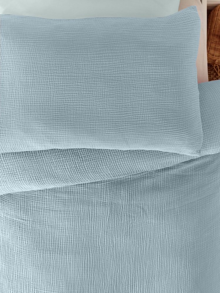 Modern Blue Crinkle Muslin 100% Cotton Duvet Cover and Pillowcase Set - Image 4 of 4