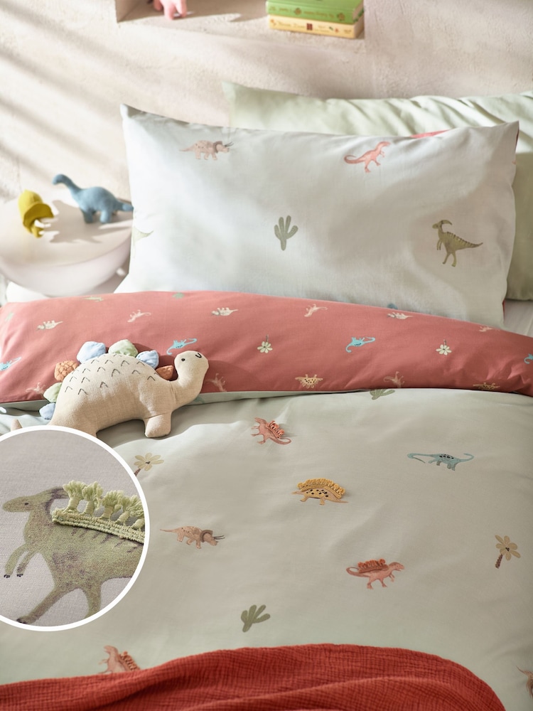 Sage Green Tassel Dinosaurs 100% Cotton Printed Bedding Duvet Cover and Pillowcase Set - Image 1 of 12