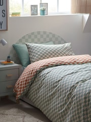 Sage/Rust Checkerboard 100% Cotton Printed Bedding Duvet Cover and Pillowcase Set - Image 1 of 9