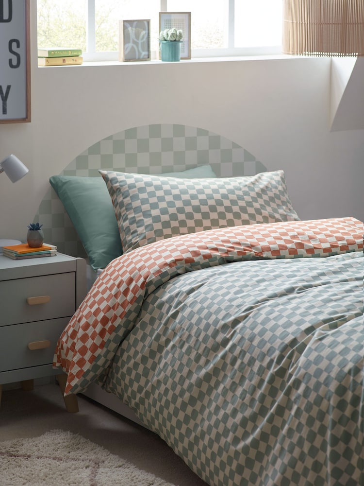 Sage/Rust Checkerboard 100% Cotton Printed Bedding Duvet Cover and Pillowcase Set - Image 1 of 9