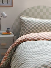 Sage/Rust Checkerboard 100% Cotton Printed Bedding Duvet Cover and Pillowcase Set - Image 3 of 9
