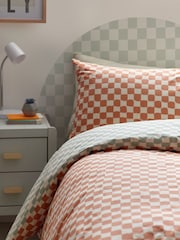 Sage/Rust Checkerboard 100% Cotton Printed Bedding Duvet Cover and Pillowcase Set - Image 4 of 9