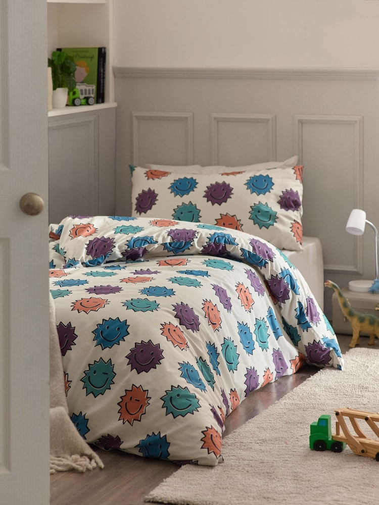 Natural Spikey Faces 100% Cotton Printed Bedding Duvet Cover and Pillowcase Set - Image 1 of 8