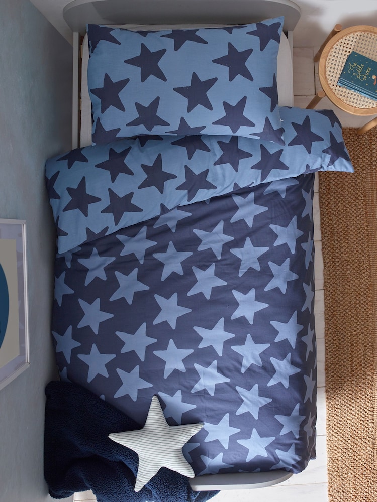 Navy Stars 100% Cotton Printed Bedding Duvet Cover and Pillowcase Set - Image 5 of 10