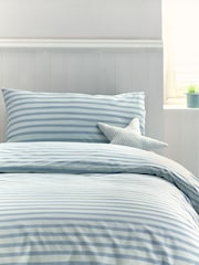 Teal Blue Stripes 100% Cotton Printed Bedding Duvet Cover and Pillowcase Set - Image 1 of 7
