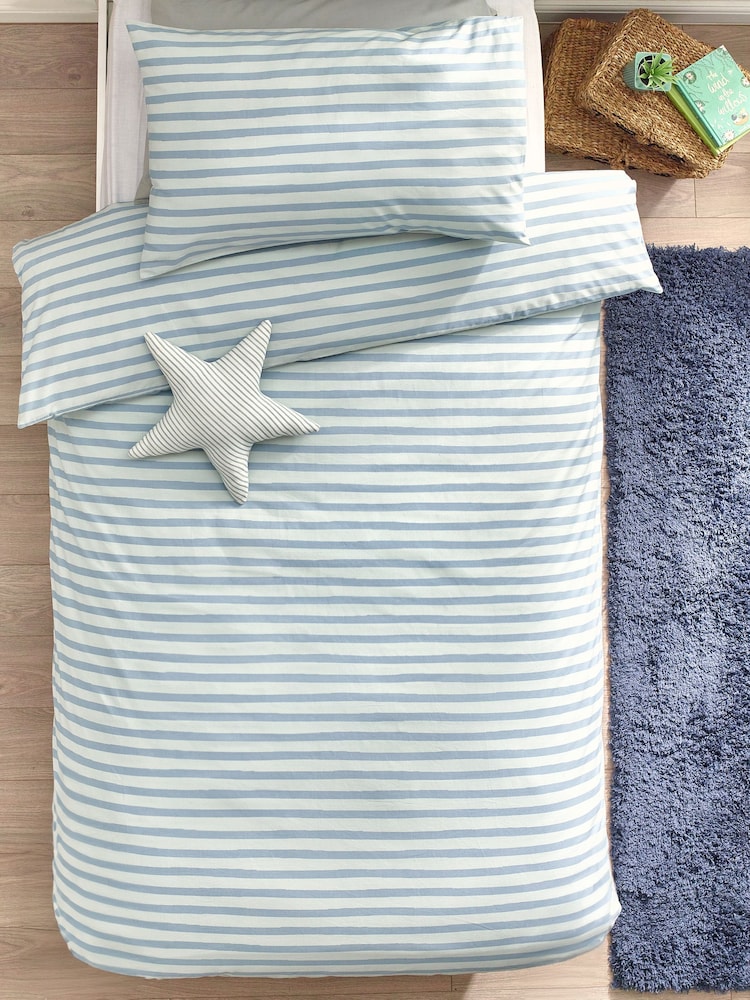 Teal Blue Stripes 100% Cotton Printed Bedding Duvet Cover and Pillowcase Set - Image 2 of 7