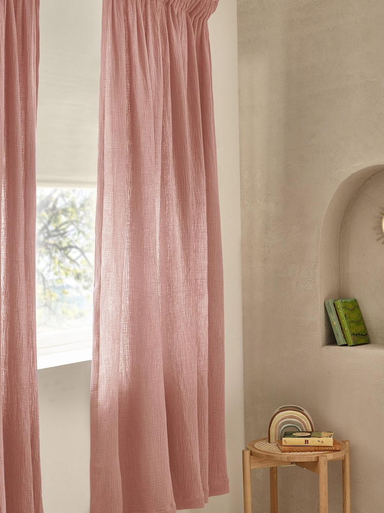 Pink 100% Cotton Crinkle Pencil Pleat Curtains - Image 1 of 5