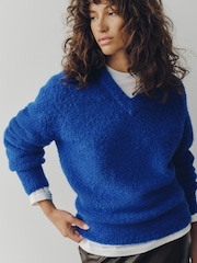 Cobalt Blue Boucle Long Sleeve V-Neck Knit Jumper with Wool - Image 1 of 7
