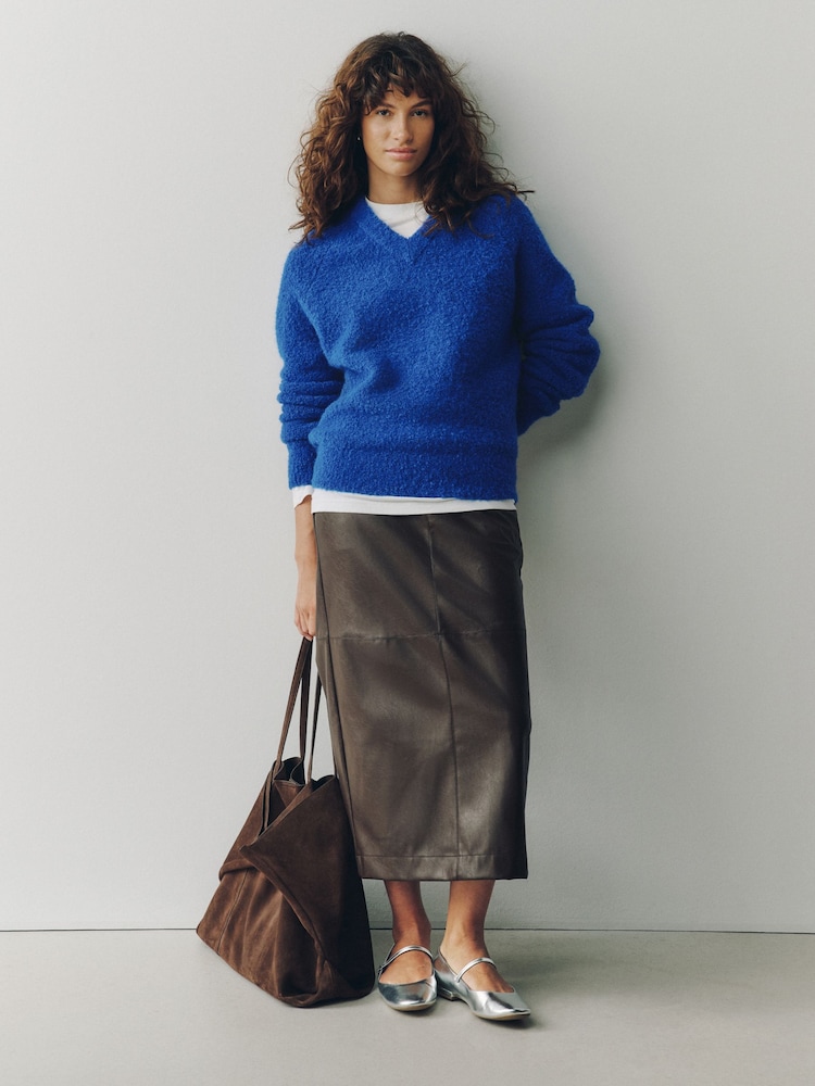 Cobalt Blue Boucle Long Sleeve V-Neck Knit Jumper with Wool - Image 2 of 7