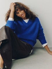 Cobalt Blue Boucle Long Sleeve V-Neck Knit Jumper with Wool - Image 3 of 7