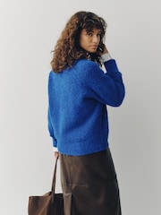 Cobalt Blue Boucle Long Sleeve V-Neck Knit Jumper with Wool - Image 4 of 7