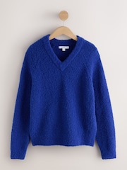Cobalt Blue Boucle Long Sleeve V-Neck Knit Jumper with Wool - Image 5 of 7