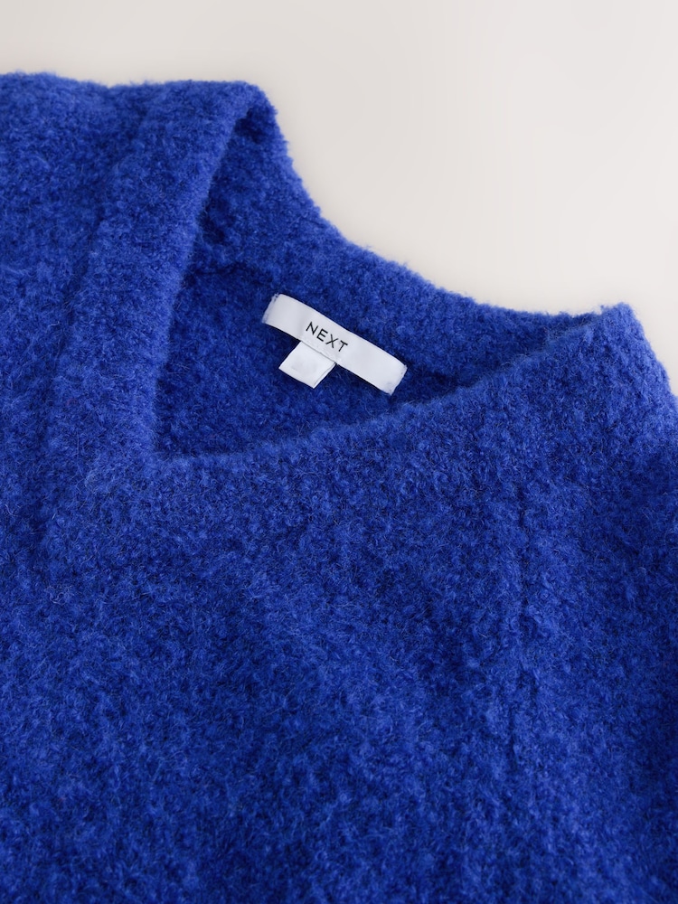 Cobalt Blue Boucle Long Sleeve V-Neck Knit Jumper with Wool - Image 7 of 7