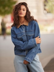 Mid Blue Clean Zip Front Denim 100% Cotton Jacket - Image 1 of 5