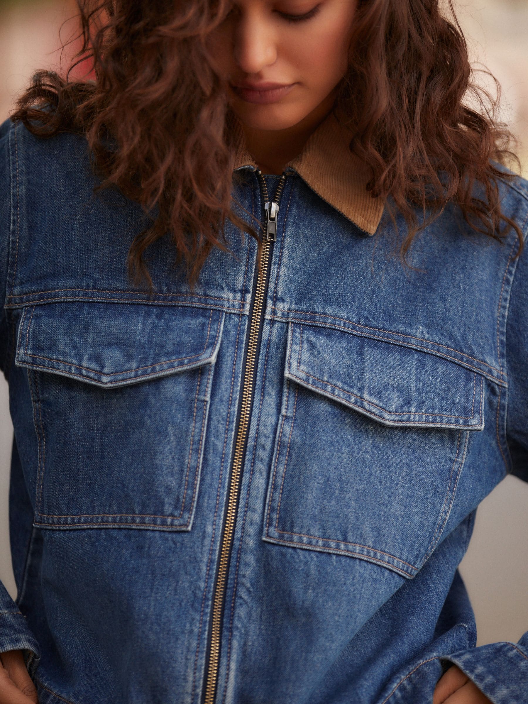 Buy Mid Blue Clean Zip Front Denim 100% Cotton Jacket from the