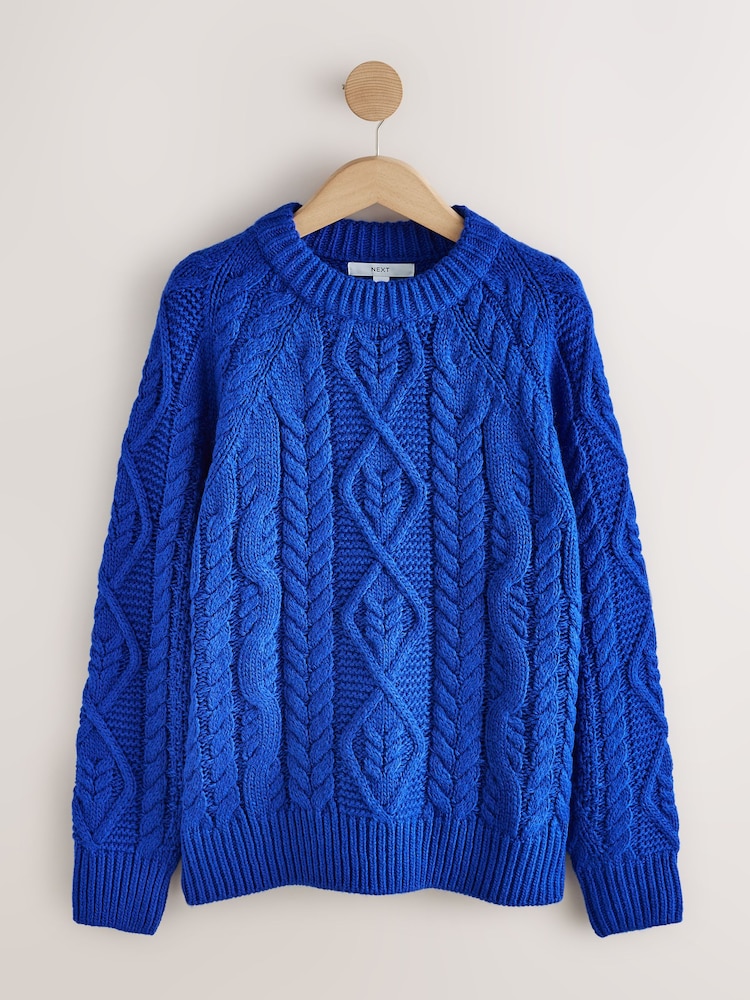 Cobalt Blue Cable Knit Long Sleeve Crew Neck Jumper - Image 1 of 3 Cobalt Blue Cable Knit Long Sleeve Crew Neck Jumper - Image 1 of 3