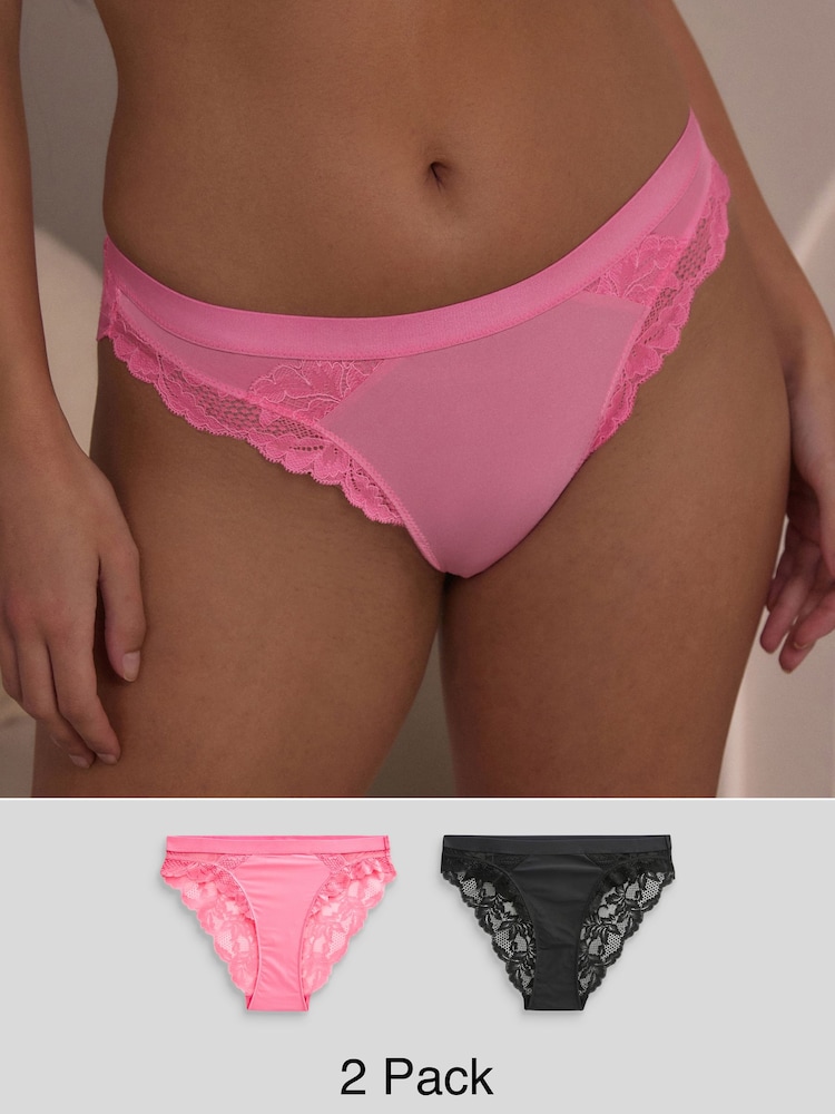 Bright Pink/Black High Leg Lace Trim Knickers 2 Pack - Image 1 of 8