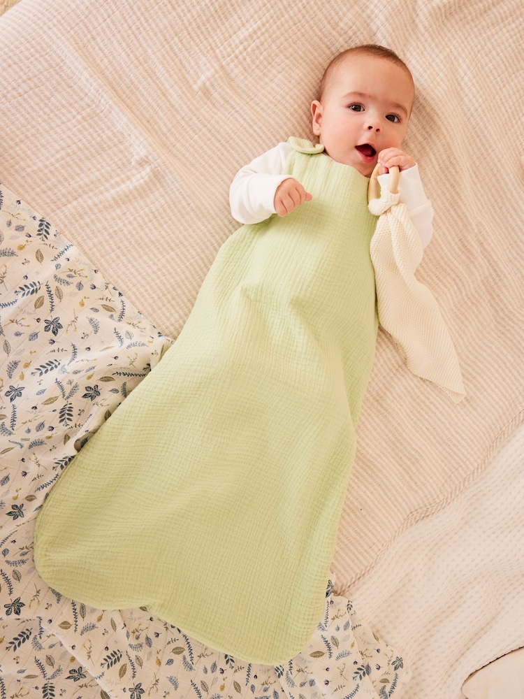 Green Muslin 1 Tog  Baby 100% Cotton Sleep Bag - Image 1 of 6
