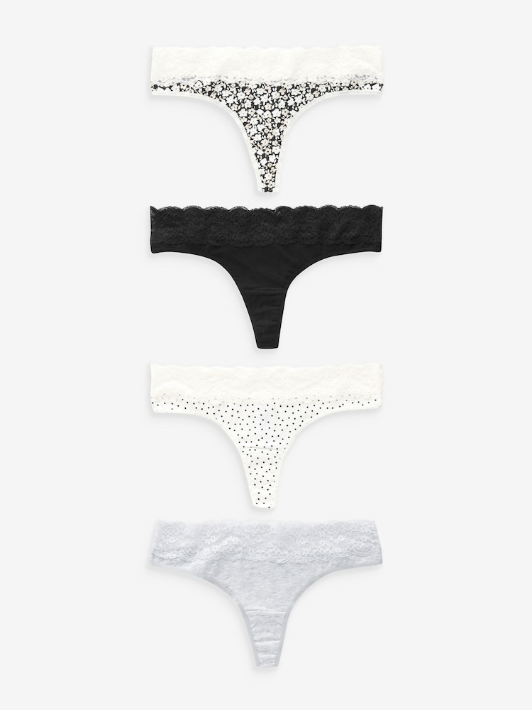 Black/Cream Print/Grey Thong Cotton and Lace Knickers 4 Pack - Image 1 of 5 Black/Cream Print/Grey Thong Cotton and Lace Knickers 4 Pack - Image 1 of 5