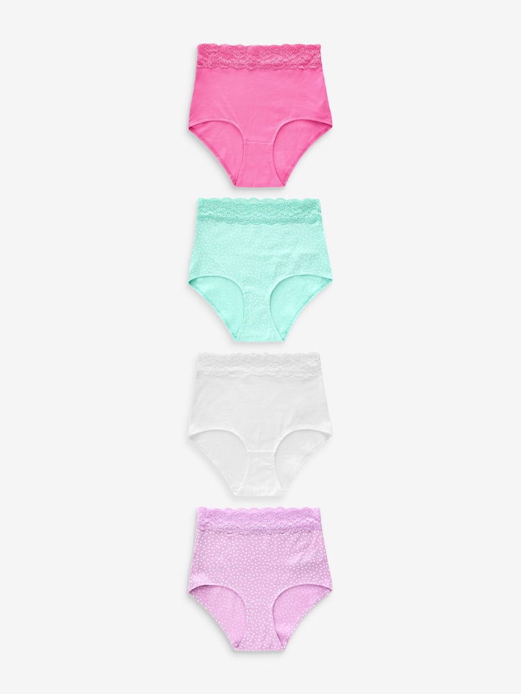 Pink/Purple/Green Spot Print Full Brief Cotton and Lace Knickers 4 Pack - Image 1 of 9