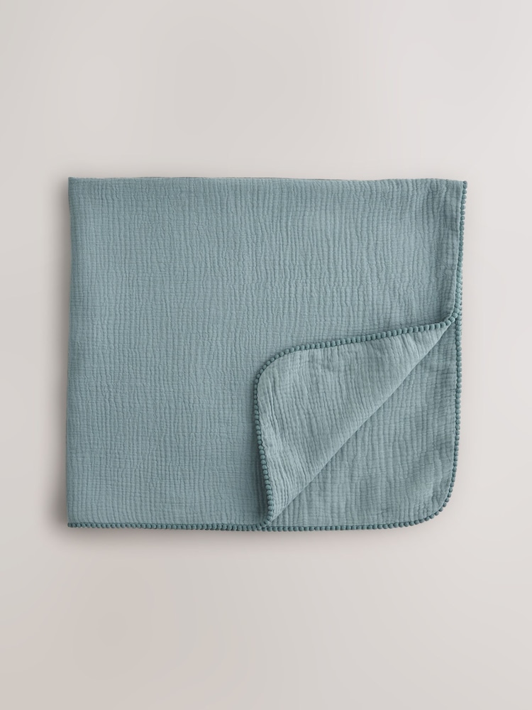 Blue Pom Baby 100% Cotton Muslin Blanket - Image 1 of 5